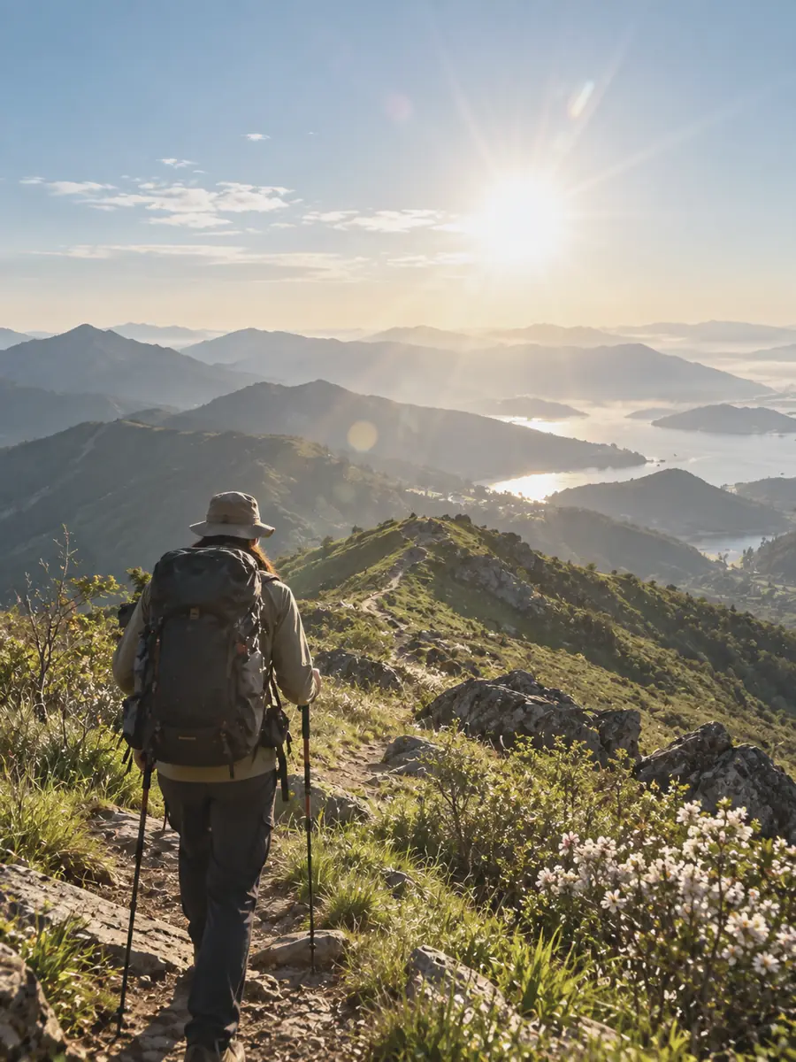 登山: 尾根の向こうに昇る朝日